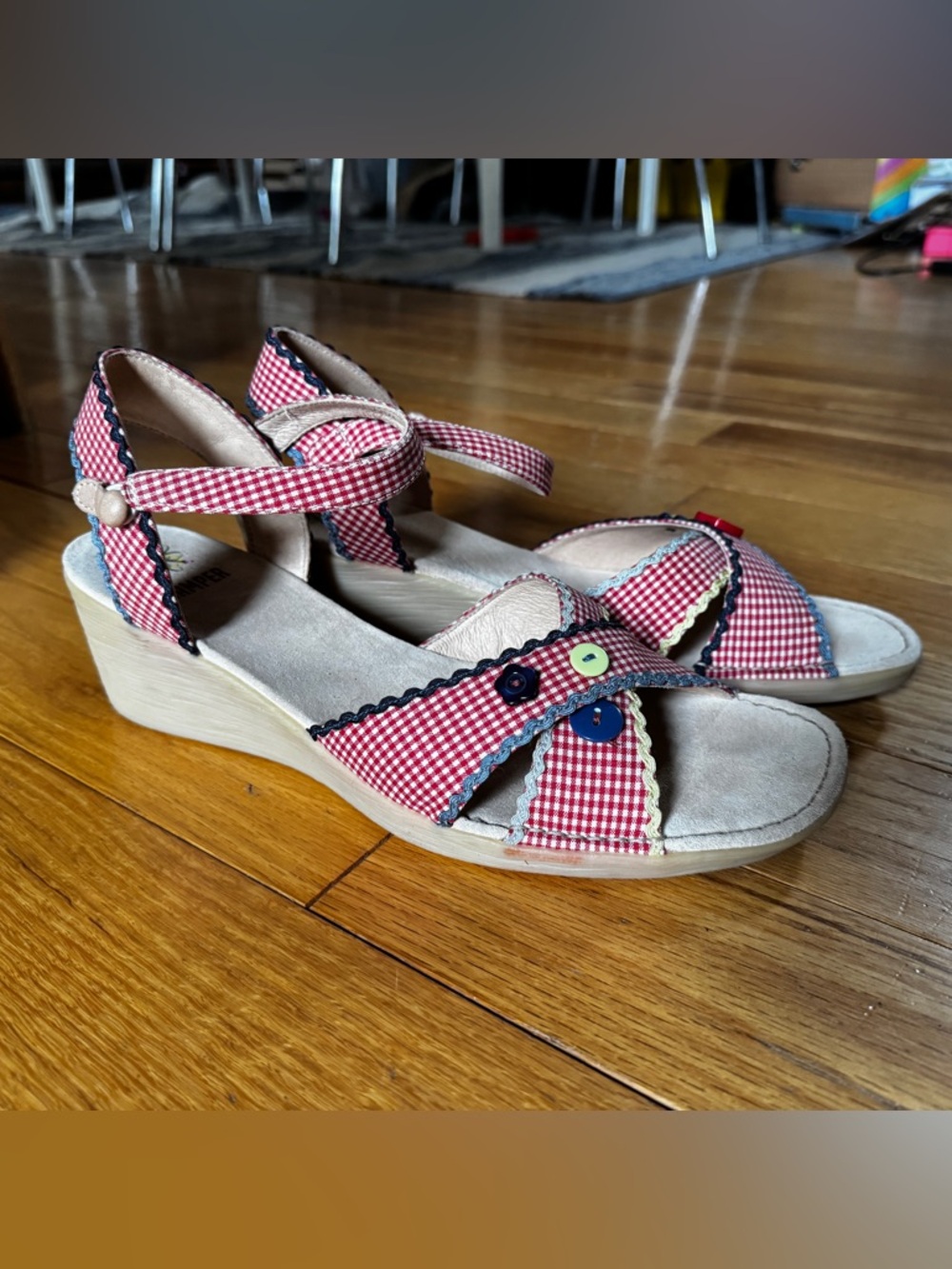 Camper Red and White Gingham Wedge Sandals- never worn in original box